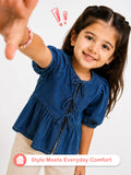 Girls Denim Peplum Top with Puff Sleeves - Dark Blue
