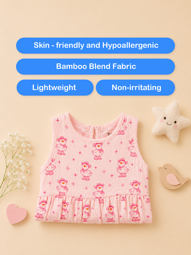 BambooTEC™ Bamboo Muslin Baby Frock – Pink Duck Print, Soft & Breathable Dress