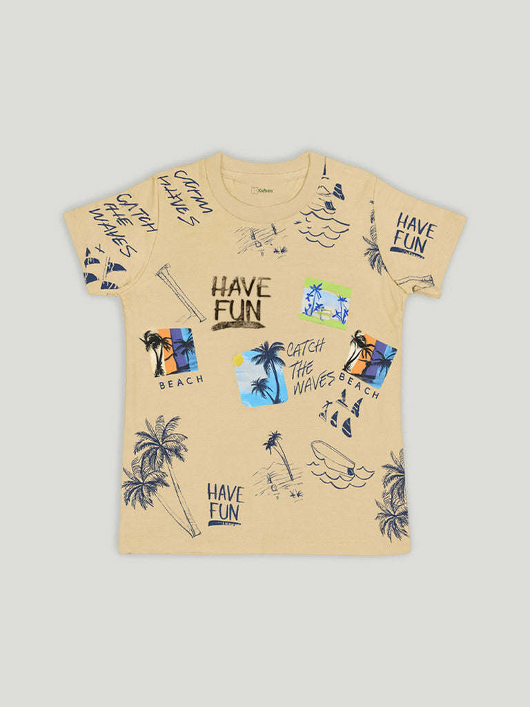 Kidbea Boys Beach Theme Co-Ord Set | Summer Cotton T-Shirt and Shorts for Boys | Beige