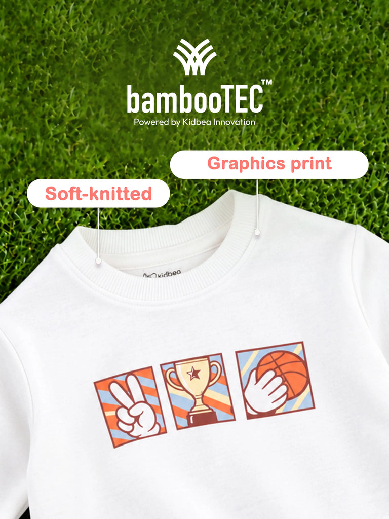 BambooTEC™ Unisex Kids Sweatshirt – White Sports Graphic Full-Sleeve Crewneck