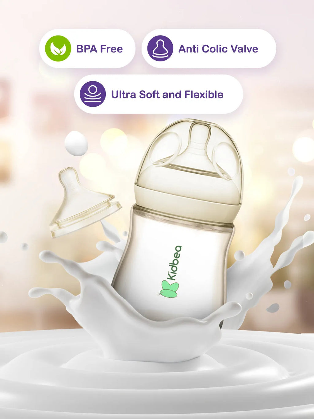 Natural Milk Feeding Bottle, BPA-Free, Soft Nipple, Anti-Colic Design, 270ML X 2, Pack 2 Bottle
