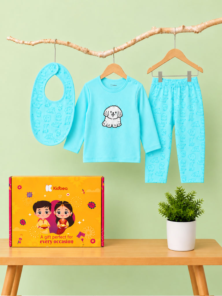 Organic Cotton Baby Clothing Set – Soft Breathable Blue Dog Print T-Shirt, Pyjama & Bib Set