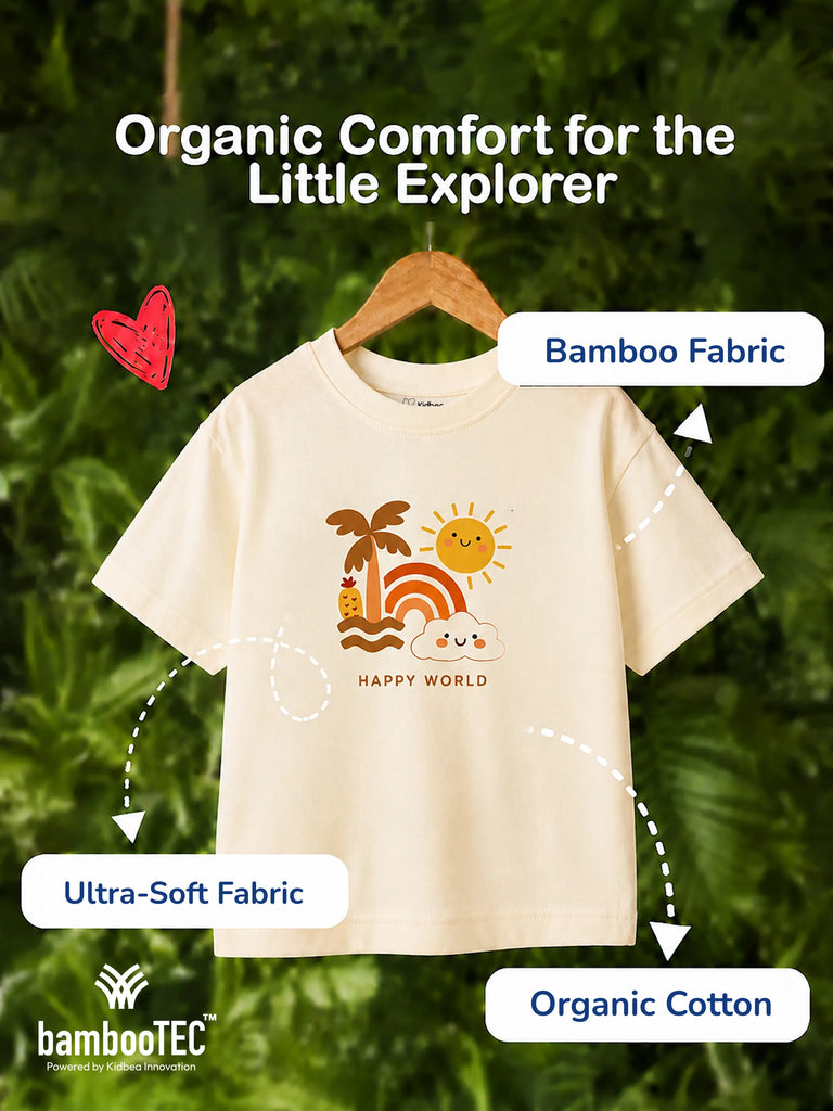 Unisex Bamboo Fabric Cream Happy World Print Oversized T-Shirt