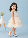 Girls Cream Partywear Frock – Floral Embroidered & Layered Tulle Dress