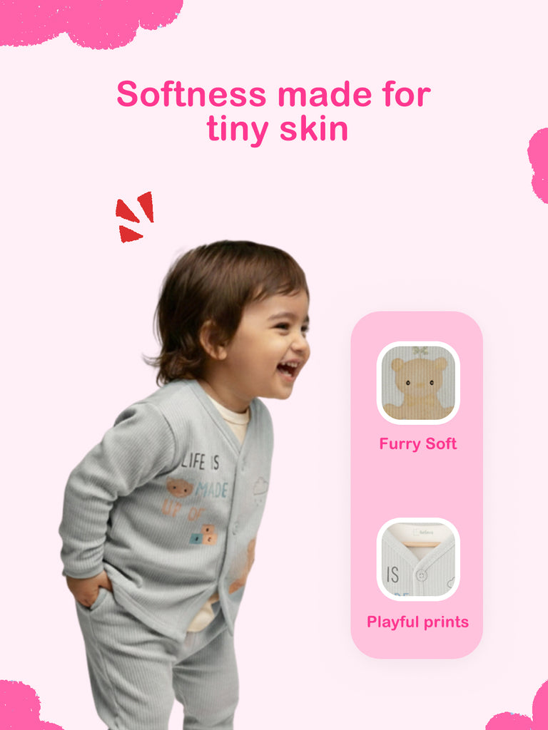 Unisex Baby Winter Wear – 5 Piece Cozy Cotton Set with Cardigan, Pants, Footed Bottom, Cap & Bib