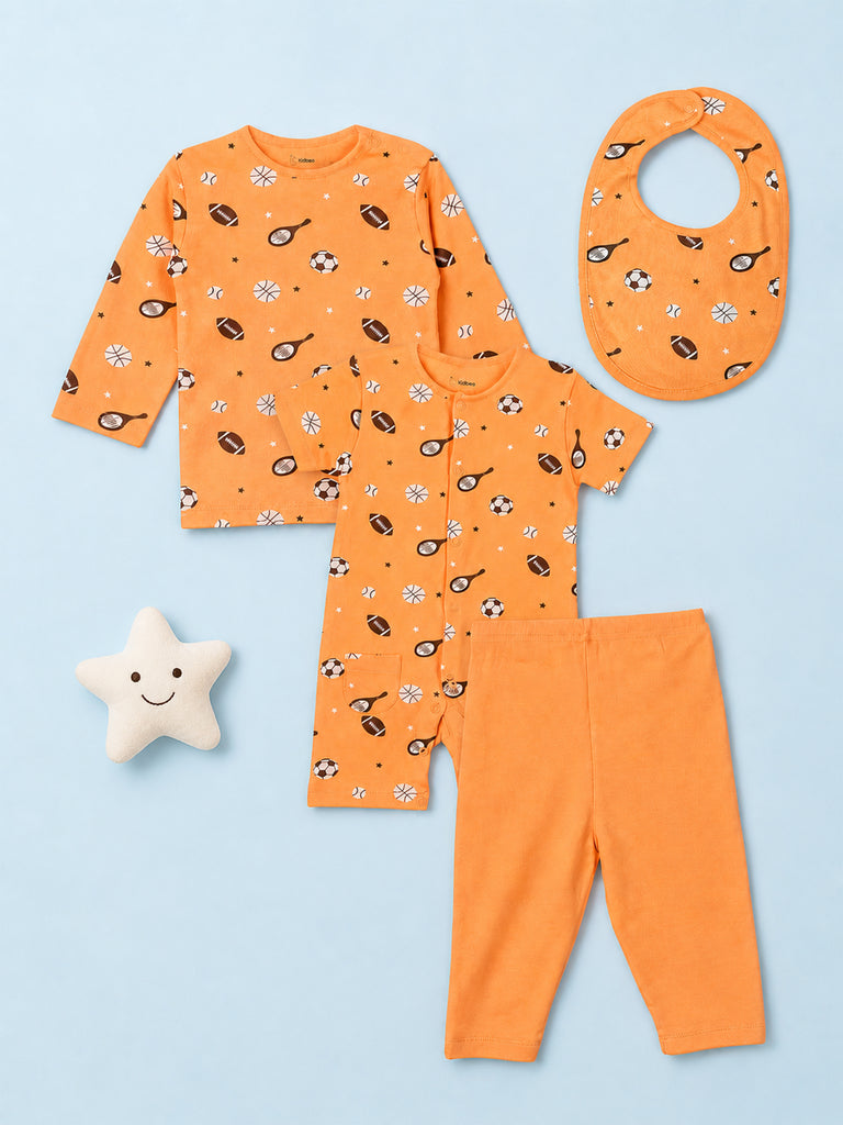 Organic Cotton Baby Gift Set – Football Print T-Shirt, Pyjama, Half Romper & Bib for 0–18 Months (4 Piece Set)