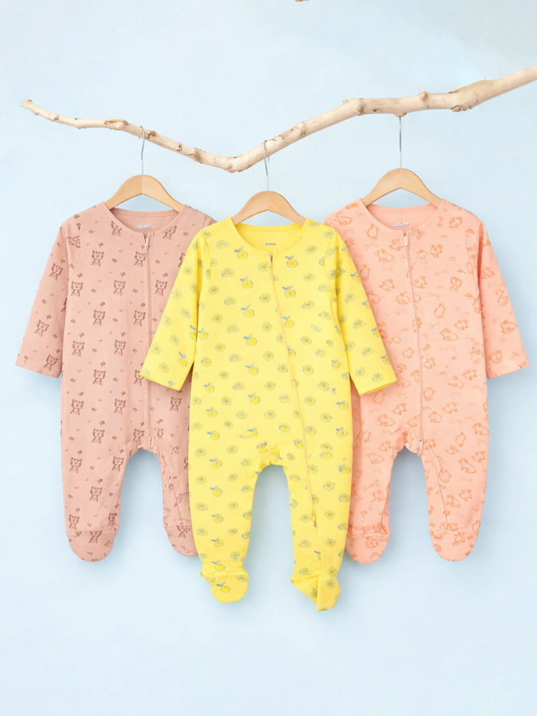 Organic Cotton Baby Romper Pack of 3 – Bunny & Tiger & Lemon Prints Zip Sleepsuit