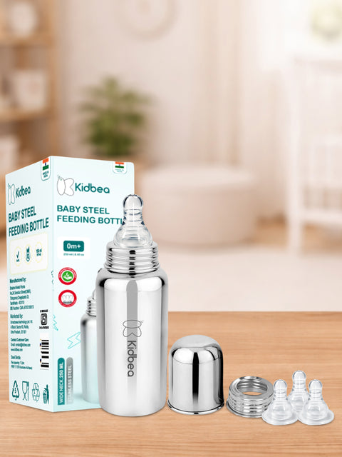 Stainless Steel Feeding Bottle With 3 Extra Nipple (250 ML)