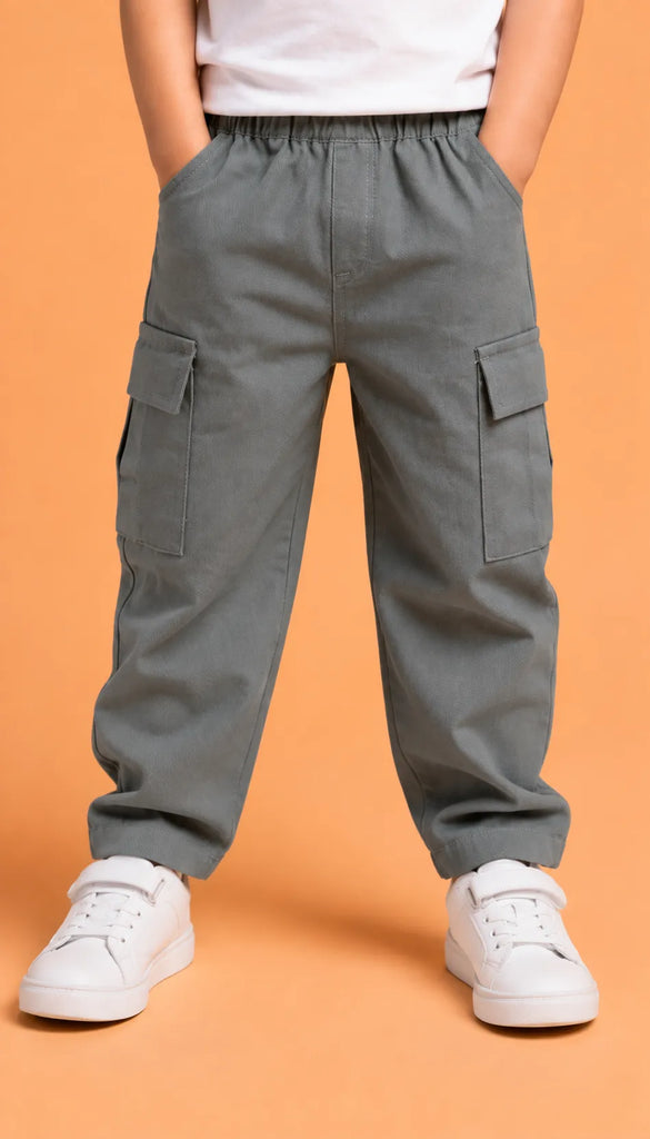 Unisex Grey Cotton Kids Cargo Pants – Comfortable Everyday Bottomwear