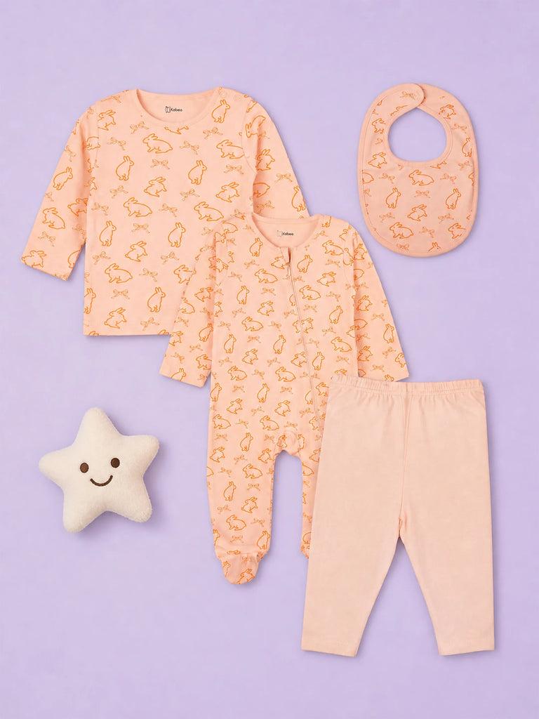 Organic Cotton Baby Gift Set – Bunny Print T-Shirt, Pyjama, Full Romper & Bib for 0–18 Months (4 Piece Set)