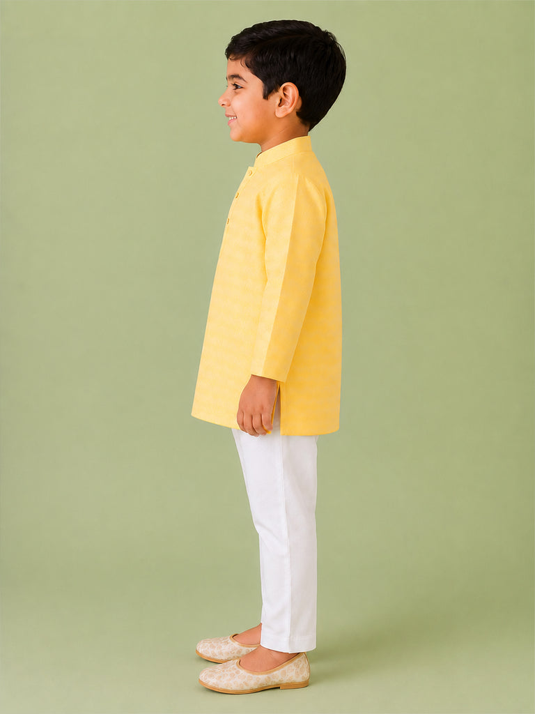Boys Yellow Kurta & White Pajama Set – Traditional Ethnic Festive Wear
