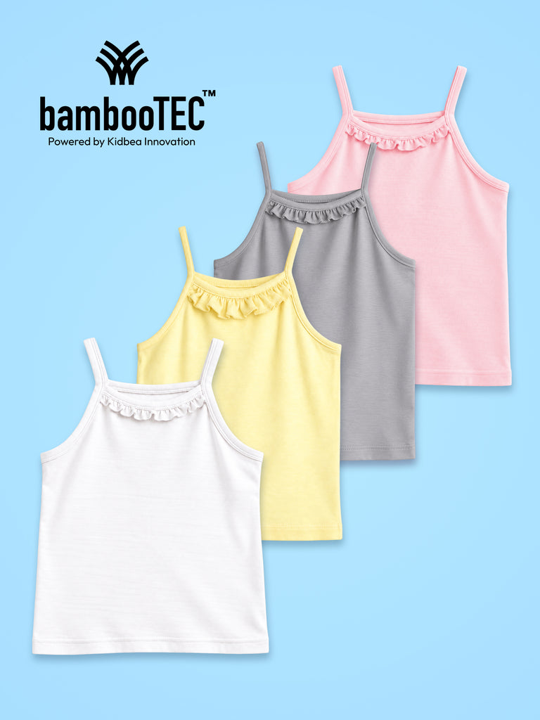BambooTEC™ Girls Camisole Pack of 4 – Pink, Grey, Yellow & White Ruffle Tops