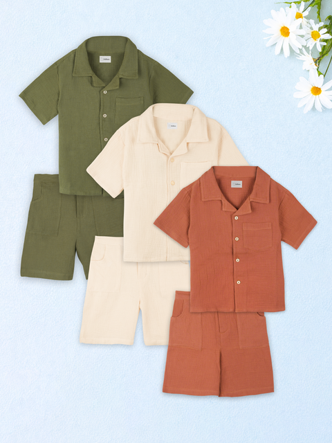 Light Organic Cotton Co-Ord Set Pack of 3 | Stylish & Comfortable Wear for Kids (Green, Rust & Off-White)