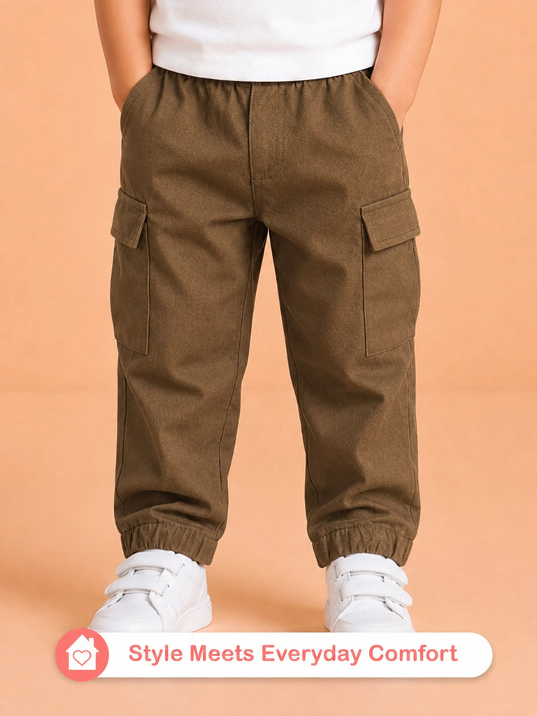 Unisex Cotton Kids Cargo Jogger Pants – Light Brown Comfortable Bottomwear