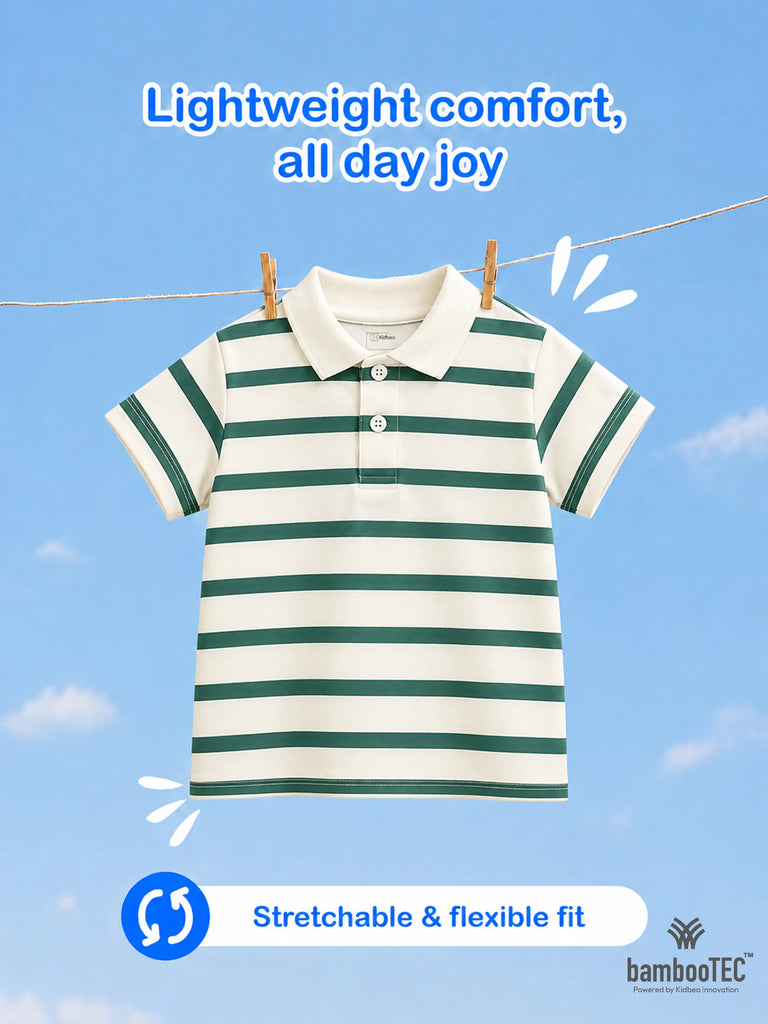 Boys Bamboo Fabric Green Striped Polo T-Shirt