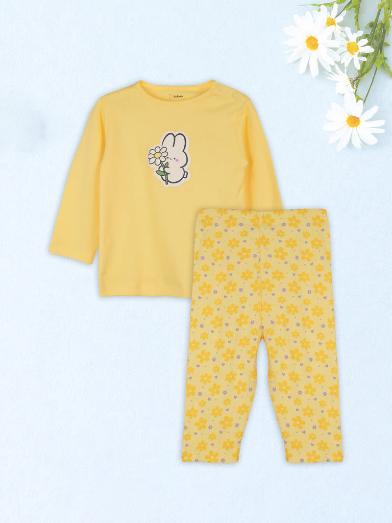 Organic Cotton Unisex Baby Co-ord Set – Soft Breathable Yellow Flower  Print Full Sleeve T-shirt & Pyjama for Infants