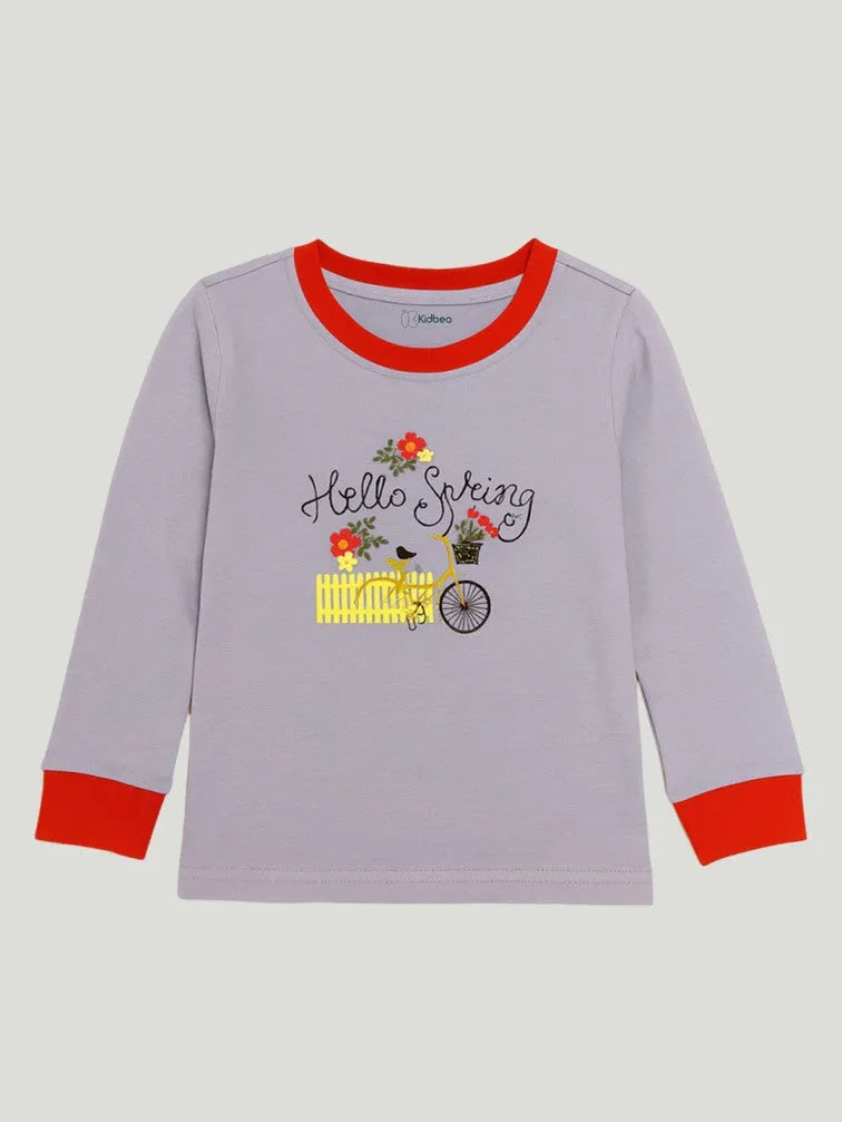 Unisex Kids Cotton Nightsuit Set | Hello Spring Print | Full Sleeves Sleepwear | Purple