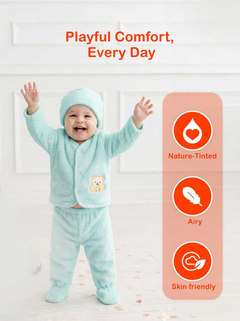 Unisex Baby Winter Wear – Pack of 5 Cozy Set with Cardigan, Pants, Footed Pants, Cap & Bib