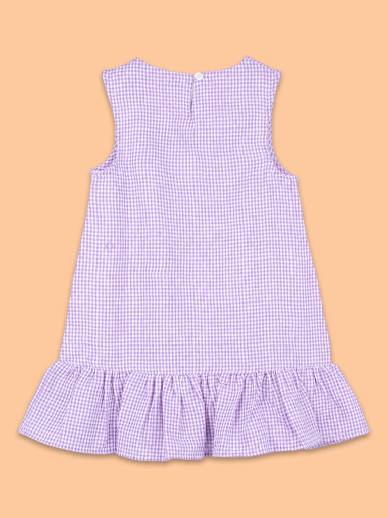 Girls Cotton Gingham Frock – Lavender Check Dress with White Bow Details