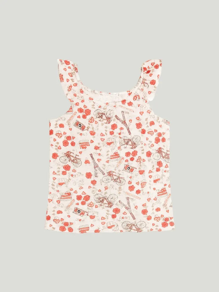 Girls Abstract Print Clothing Set | Ruffle Sleeve Tank Top and Matching Shorts | White
