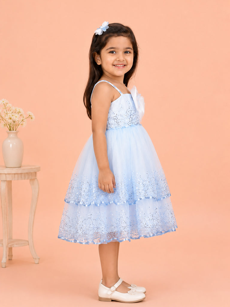 Girls Blue Partywear Frock – Sequin Embellished Bow Detail Dress