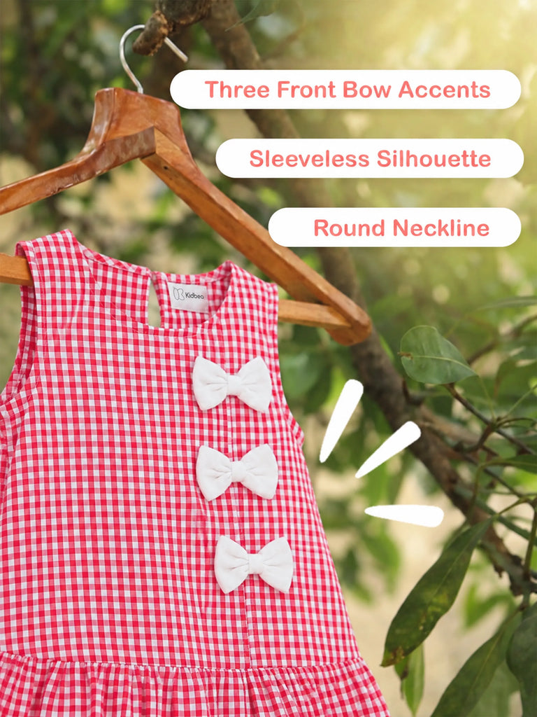 Girls Cotton Gingham Frock – Red Check Dress with White Bow Details
