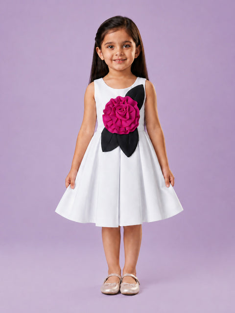 Girls White Partywear Frock – 3D Rose Flower & Leaf Design Dress