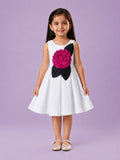 Girls White Partywear Frock – 3D Rose Flower & Leaf Design Dress