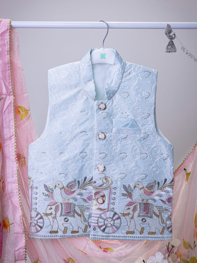 Kidbea Boys Ethnic Wear Set | Kurta Pajama with Stylish Nehru Jacket | Festive Traditional Outfit for Kids | Light blue