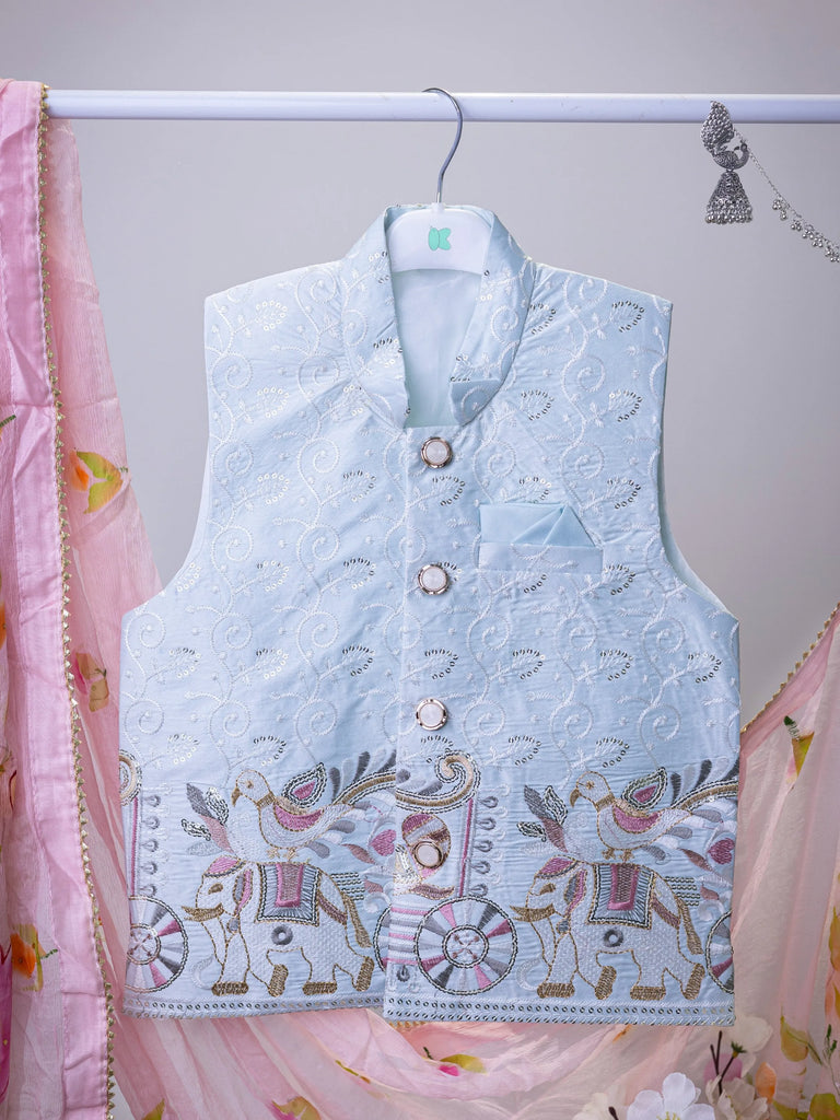 Boys Ethnic Wear Set | Kurta Pajama with Stylish Nehru Jacket | Festive Traditional Outfit for Kids | Light blue