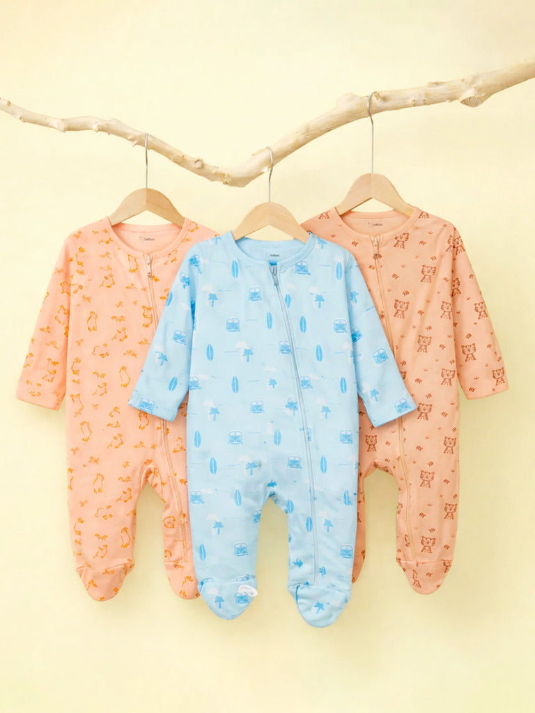 Organic Cotton Baby Romper Pack of 3 – Bunny & Tiger & Beach Prints Zip Sleepsuit