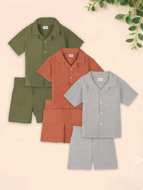 Light Organic Cotton Co-Ord Set Pack of 3 | Stylish & Comfortable Wear for Kids (Green, Rust & Grey)