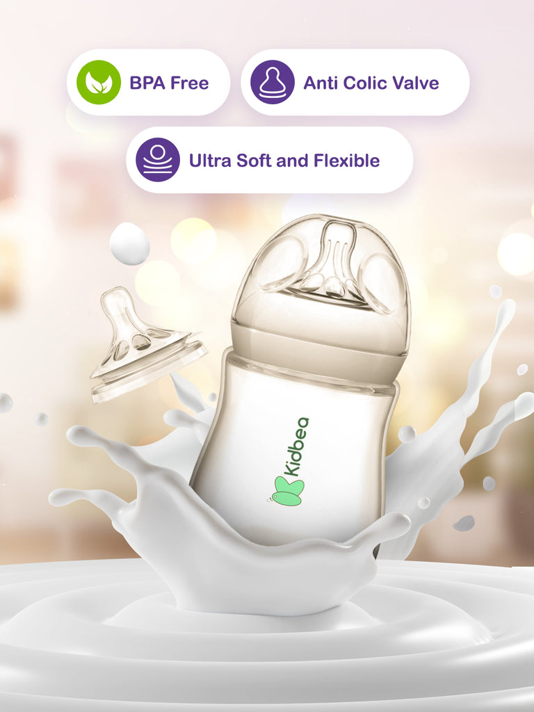 Kidbea Natural Milk Feeding Bottle, BPA-Free, Soft Nipple, Anti-Colic Design, 270 ML