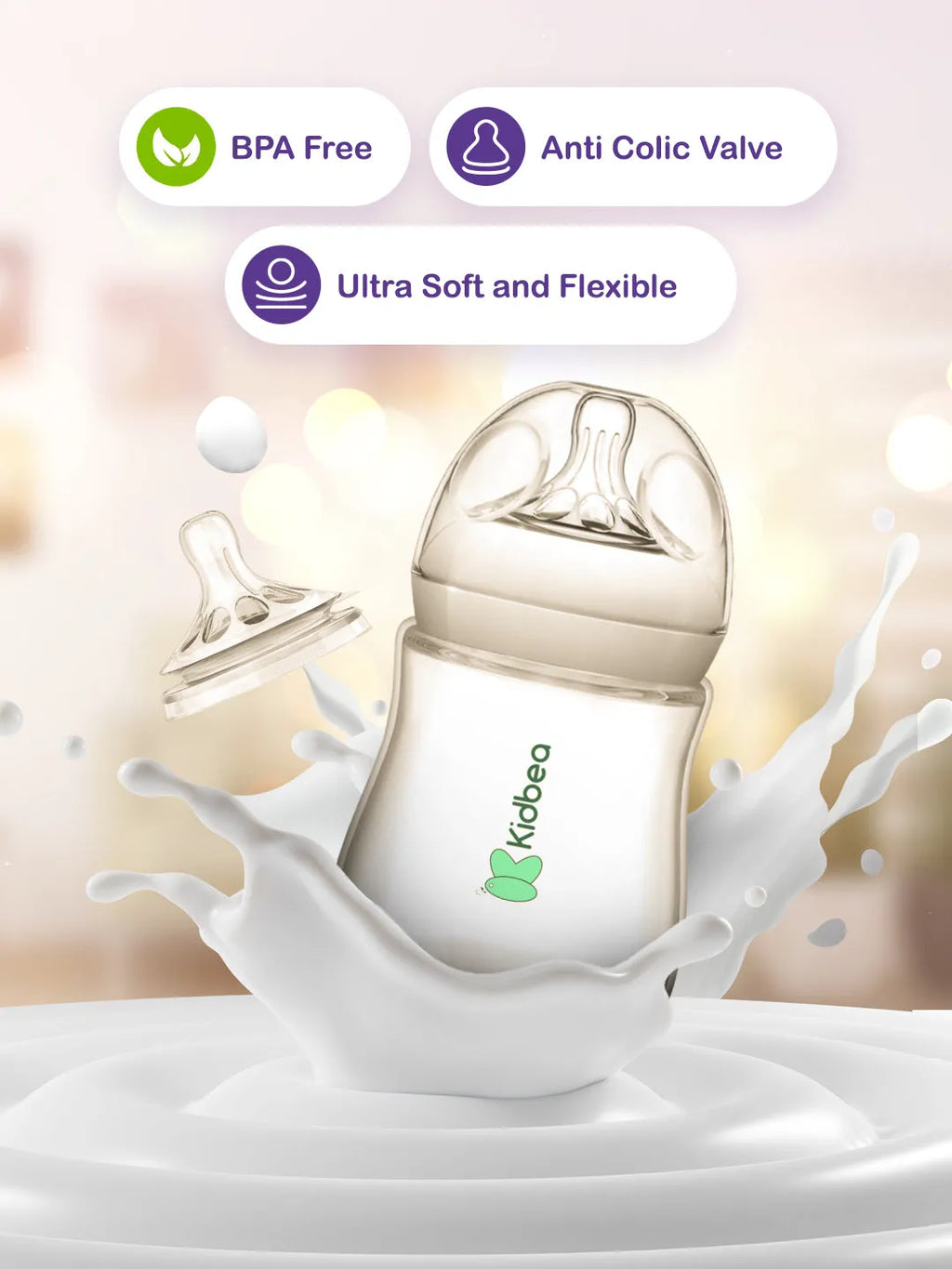Natural Milk Feeding Bottle, BPA-Free, Soft Nipple, Anti-Colic Design, 270 ML
