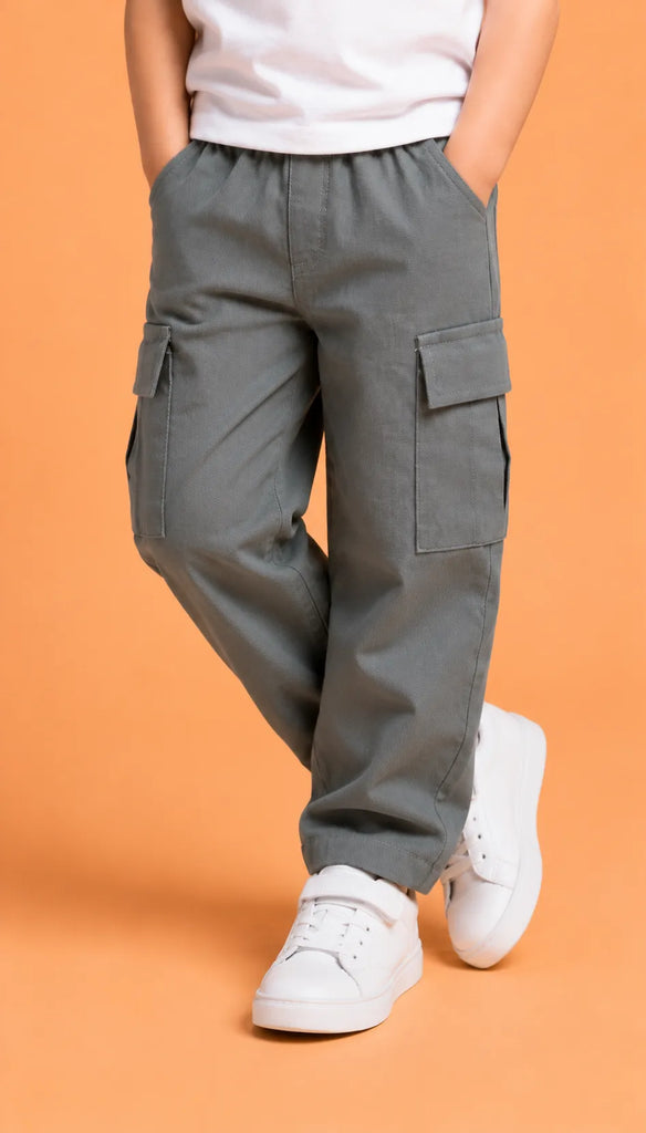 Unisex Grey Cotton Kids Cargo Pants – Comfortable Everyday Bottomwear