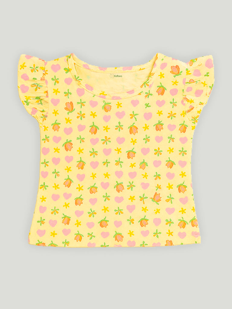 Kidbea Girls Floral and Heart Print Clothing Set | Short Sleeve Ruffle Top and Elastic Waist Shorts for Kids | Yellow