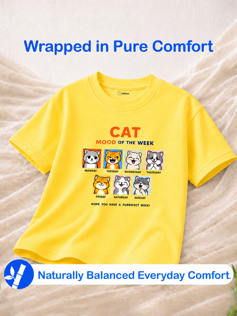Bamboo Fabric Girls Half Sleeve T-Shirt Pack of 2 – Growing Everyday & Cat Graphic Print Soft Summer Tee Set