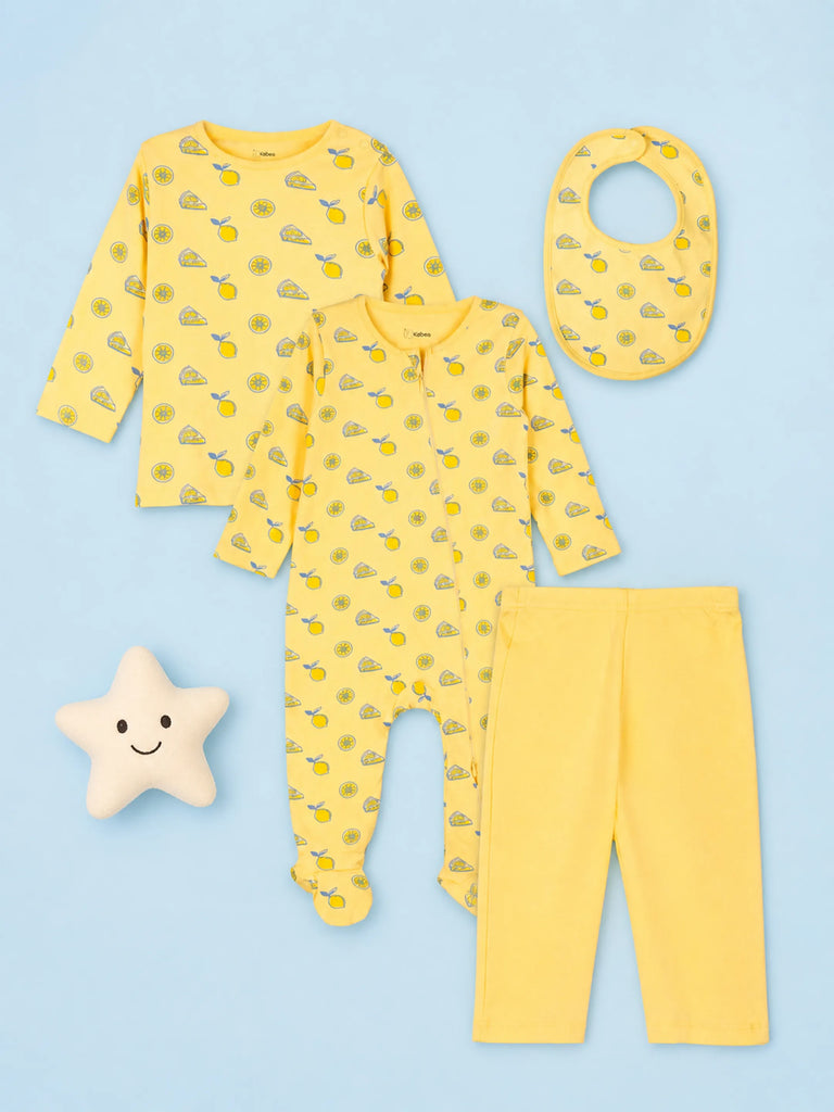 Organic Cotton Baby Gift Set – Lemon Print T-Shirt, Pyjama, Full Romper & Bib for 0–18 Months (4 Piece Set)