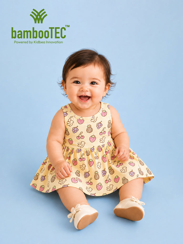 BambooTEC™ Bamboo Muslin Baby Frock – Fruity Fiesta Print, Soft & Breathable Dress