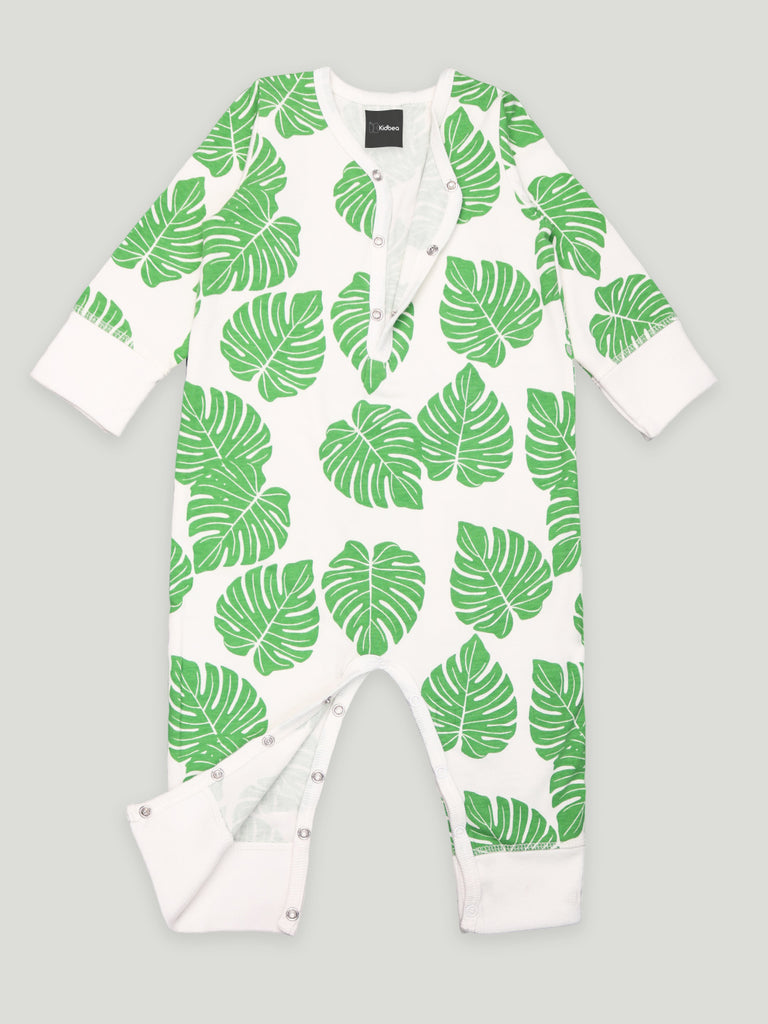 Kidbea 100% cotton fabric full sleeves & Half buttons romper | Leaf | Green