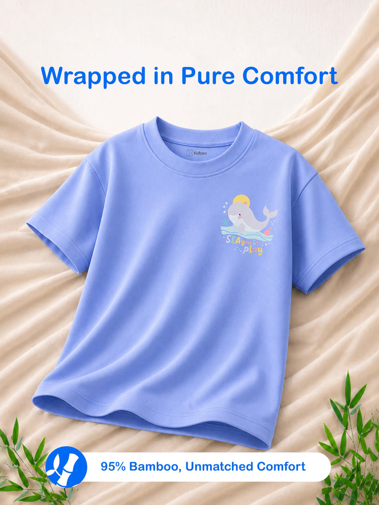 Bamboo Fabric Unisex Kids Half Sleeve T-Shirt Pack of 2 – Beach & Whale Graphic Print Soft Summer Tee Set
