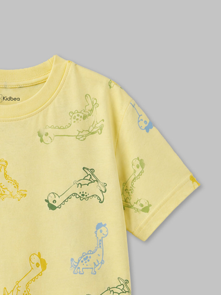 Boys Organic Cotton Yellow Round Neck All-Over Dinosaur Print T-Shirt