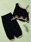 Girls Black Ethnic Crop Top & Dhoti Pants Set – Gold Embroidered Festive Wear