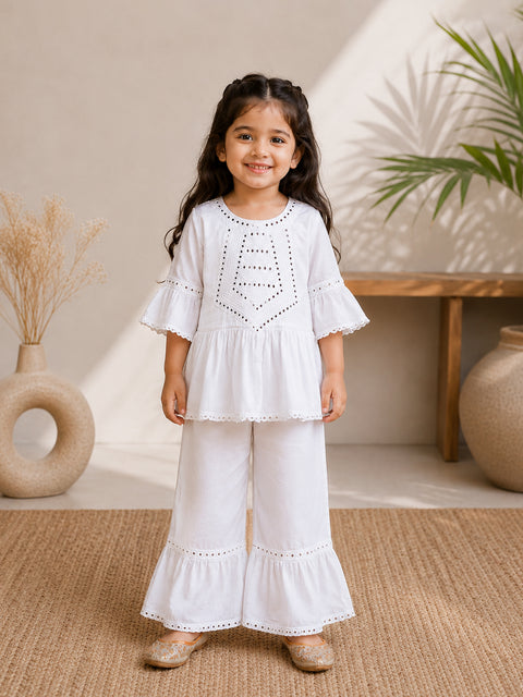 Girls White Kurta & Sharara Set – Embroidered Festive Ethnic Wear