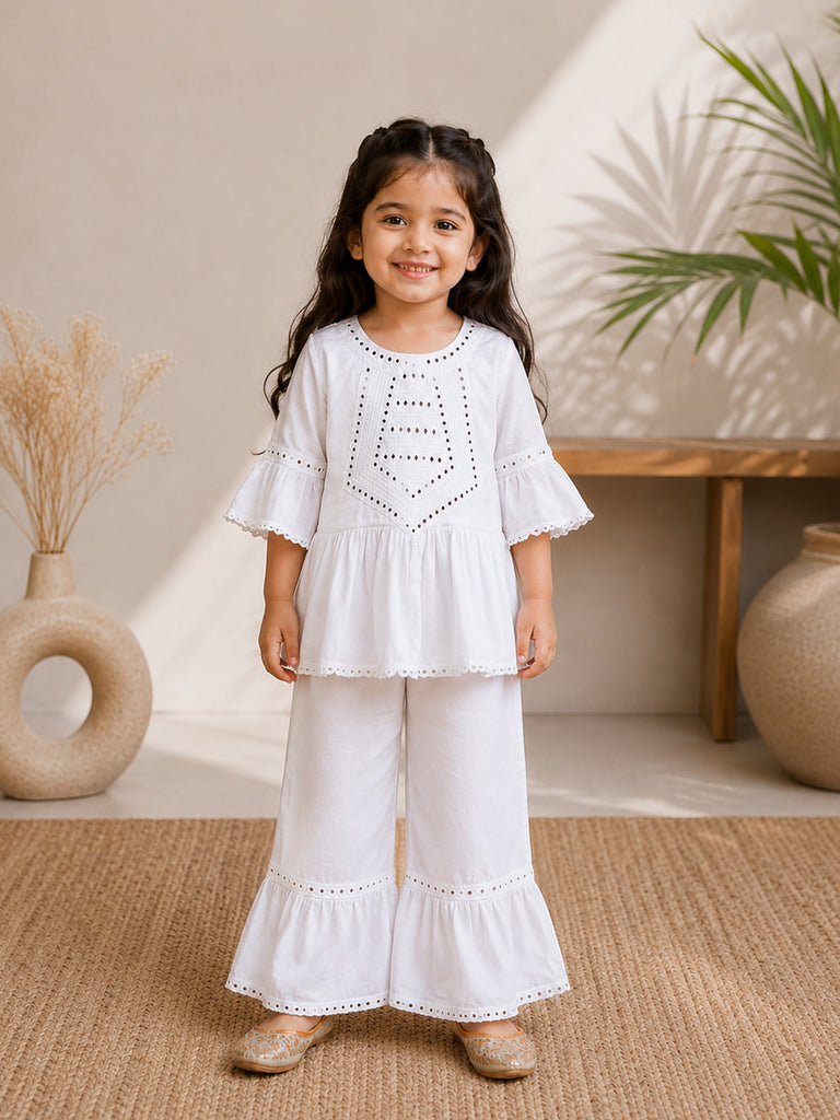 Girls White Kurta & Sharara Set – Embroidered Festive Ethnic Wear