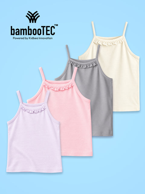 BambooTEC™ Girls Camisole Pack of 4 – Pink, Grey, Cream & Lavender Ruffle Tops