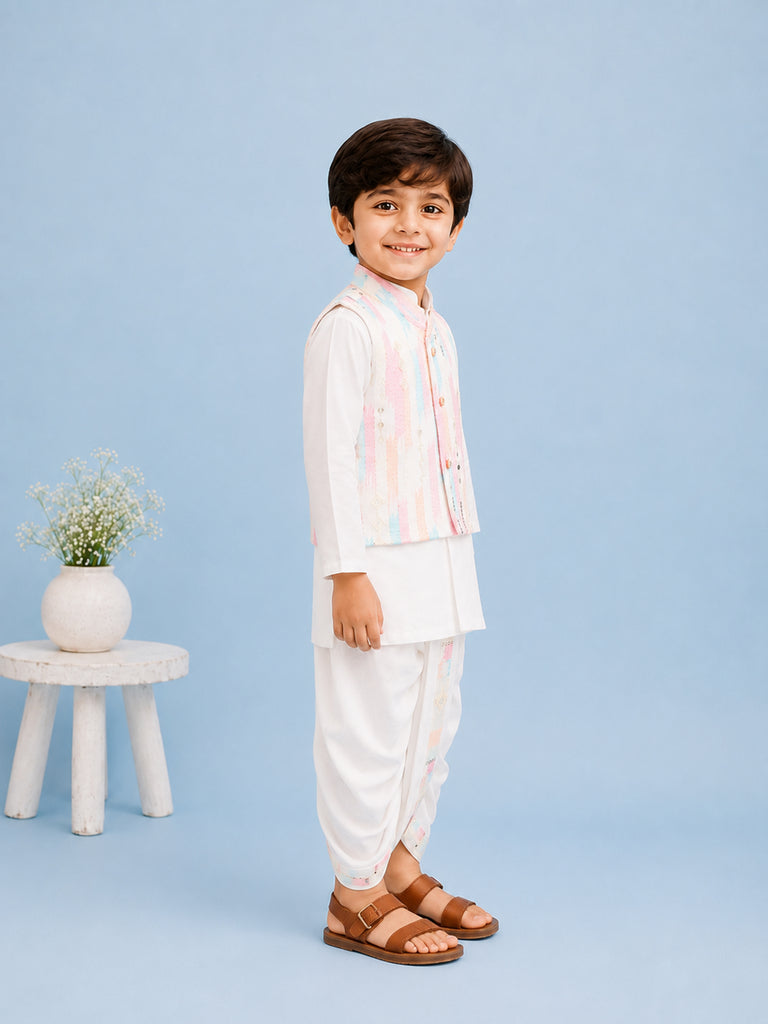 Boys White Kurta & Dhoti Set – Pastel Printed Jacket Festive Wear