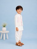 Boys White Kurta & Dhoti Set – Pastel Printed Jacket Festive Wear