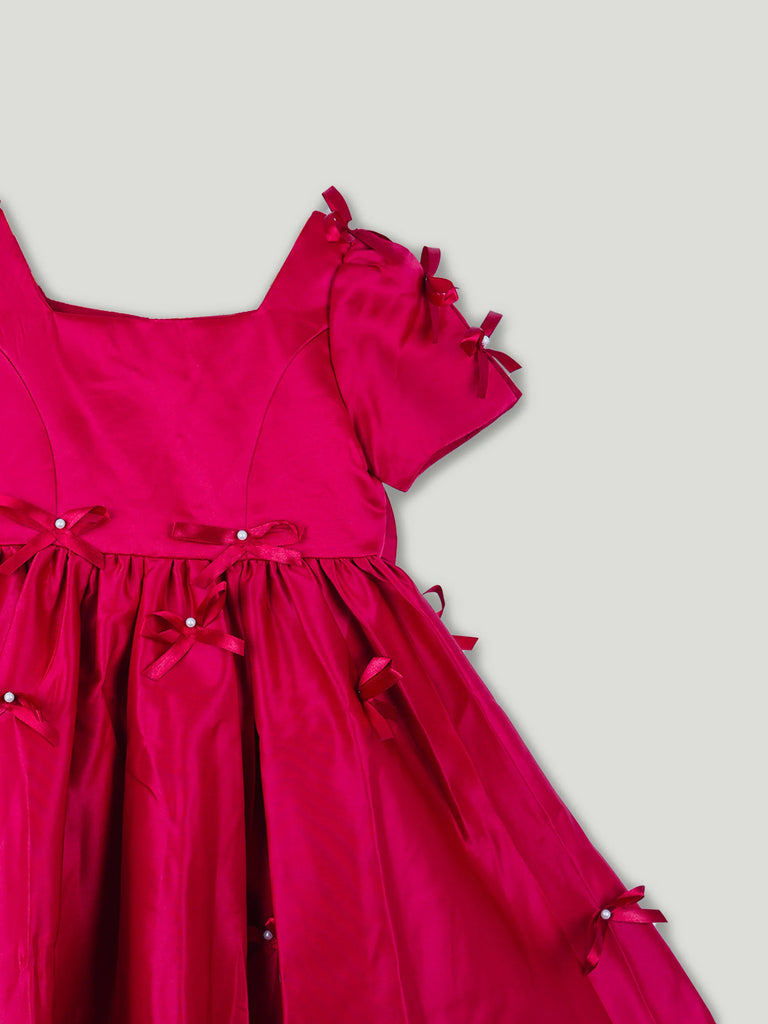 Baby Girl Party Dress – Red Satin Bow Dress with Pearl Detail & Flared Skirt for Kids
