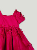 Baby Girl Party Dress – Red Satin Bow Dress with Pearl Detail & Flared Skirt for Kids